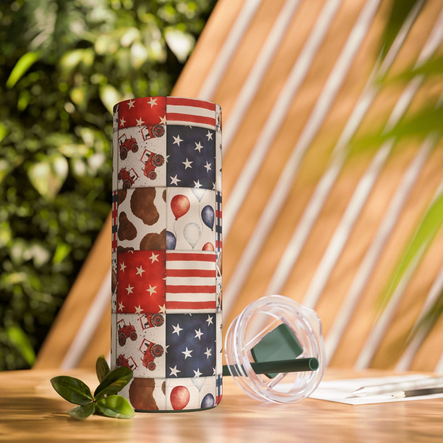 Patriot Patchwork Skinny Tumbler with screw-on slide