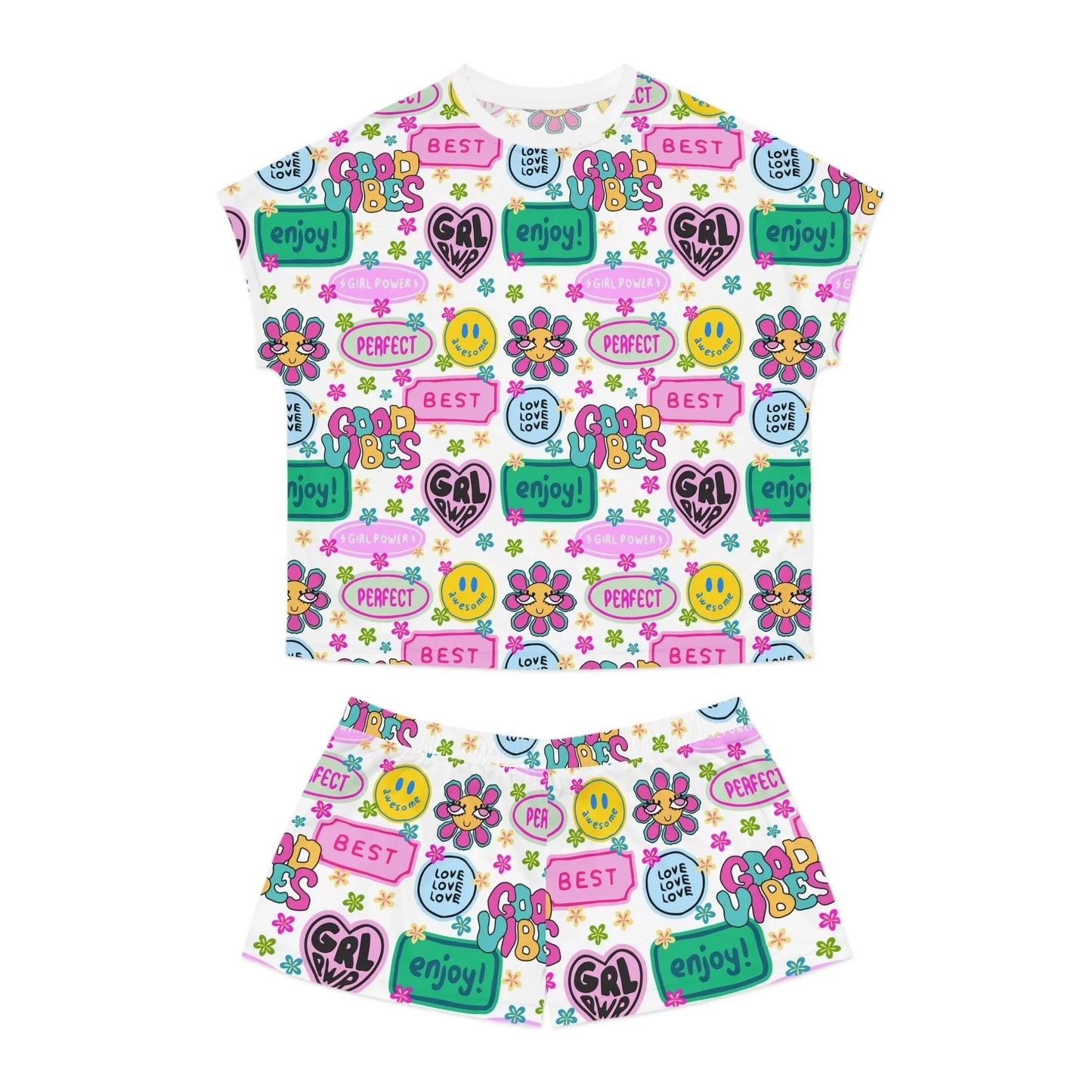 Girl Power Good Vibes Short Pajama Set - S / White - All Over Prints