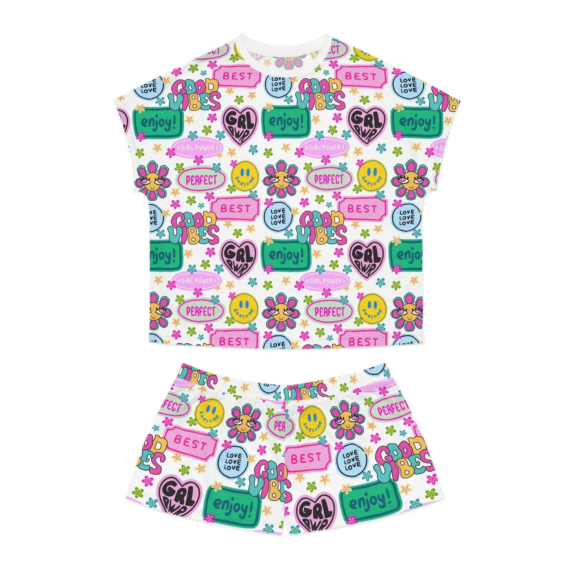 Girl Power Good Vibes Short Pajama Set - S / White - All Over Prints