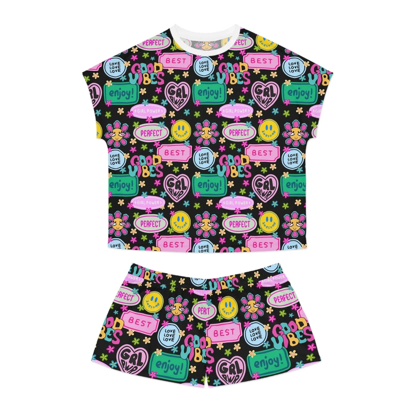 Girl Power Good Vibes Short Pajama Set - S / White - All Over Prints