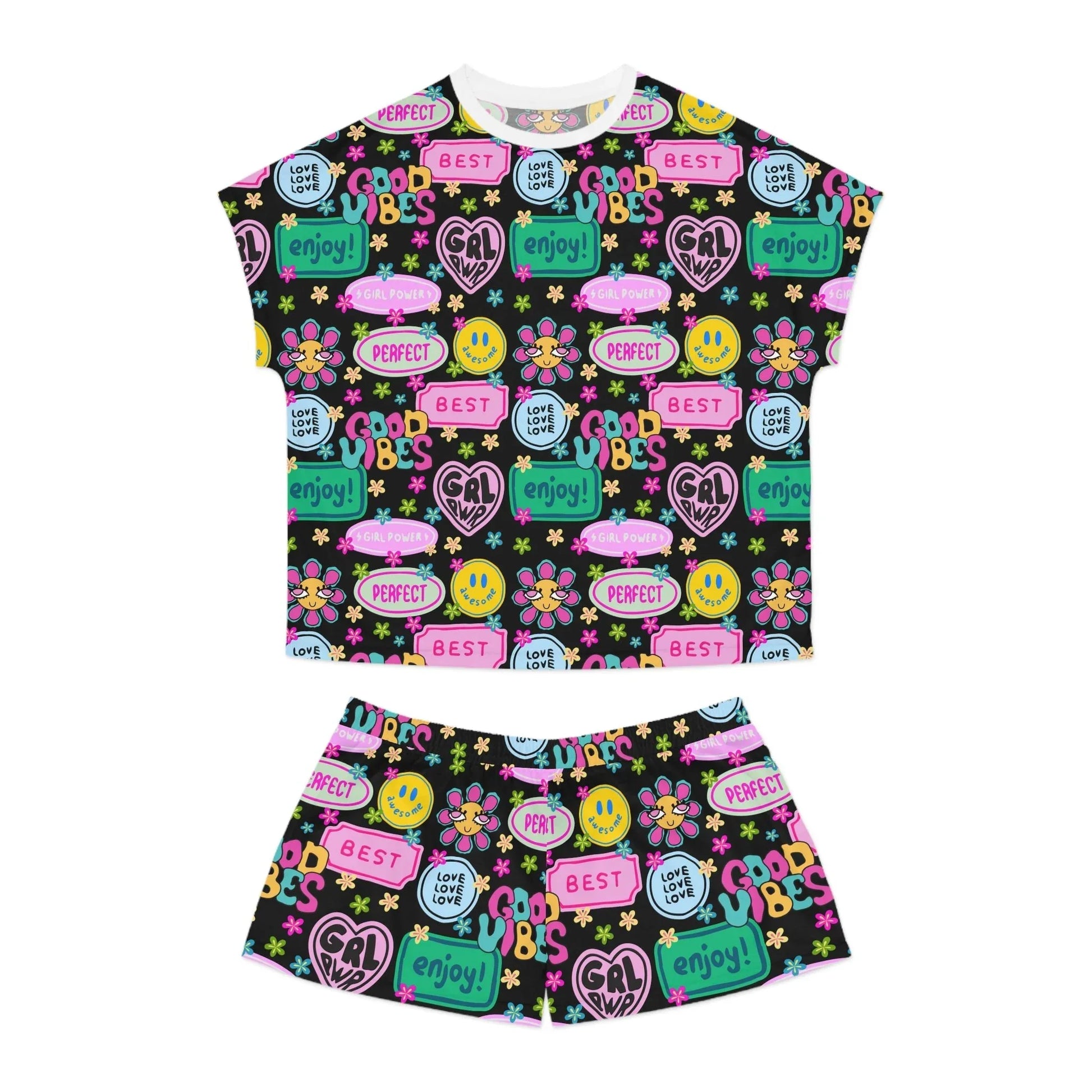 Girl Power Good Vibes Short Pajama Set - S / White - All Over Prints