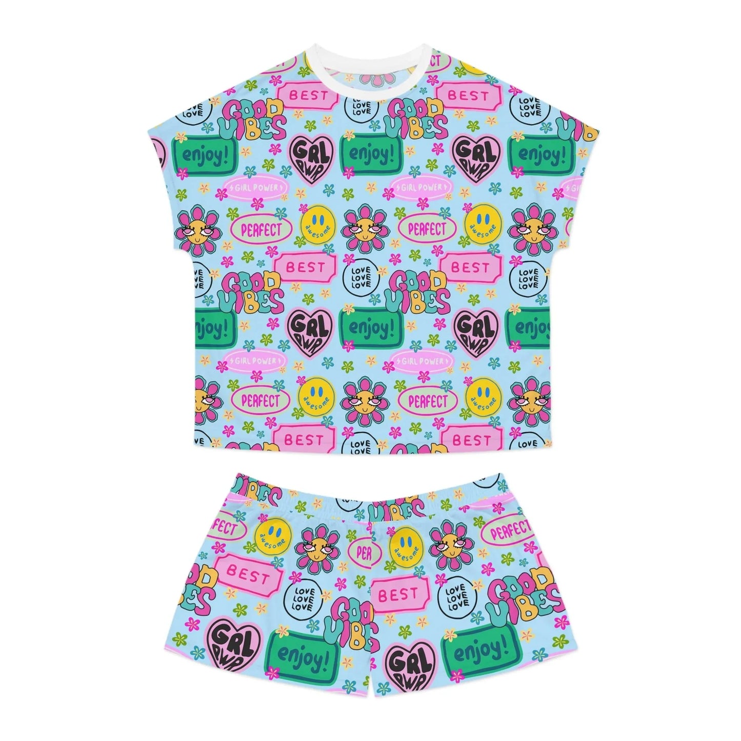 Girl Power Good Vibes Short Pajama Set - S / White - All Over Prints