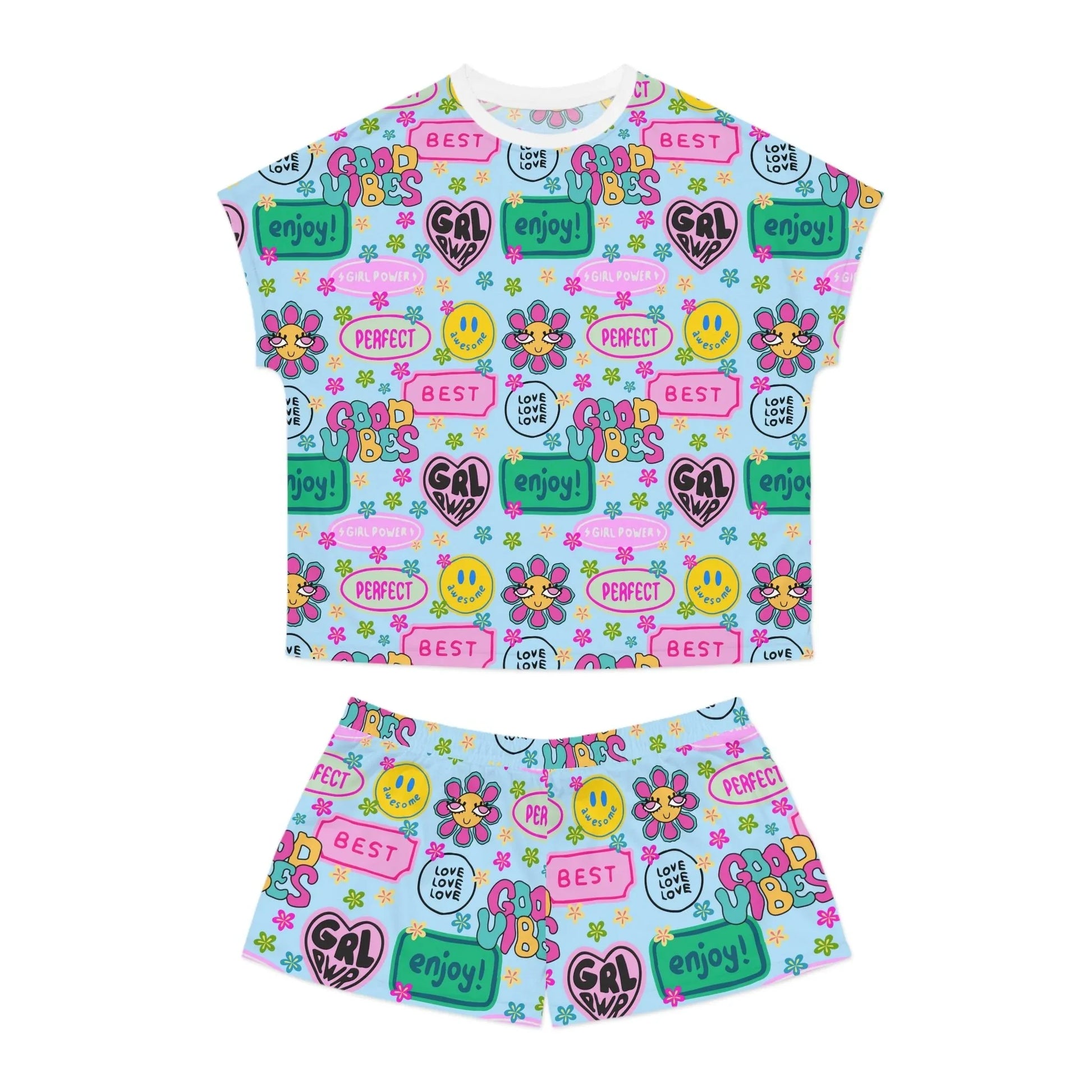 Girl Power Good Vibes Short Pajama Set - S / White - All Over Prints