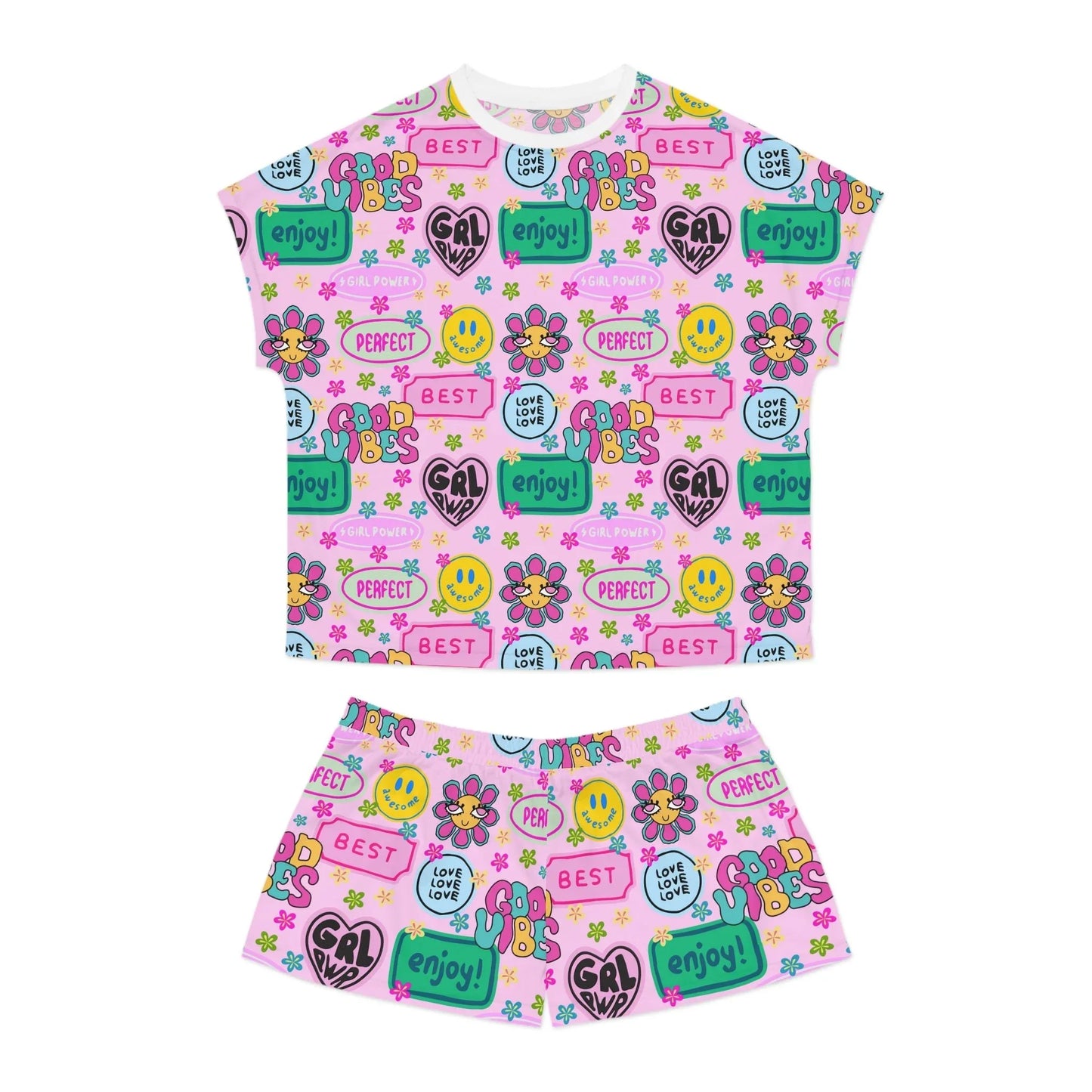 Girl Power Good Vibes Short Pajama Set - S / White - All Over Prints