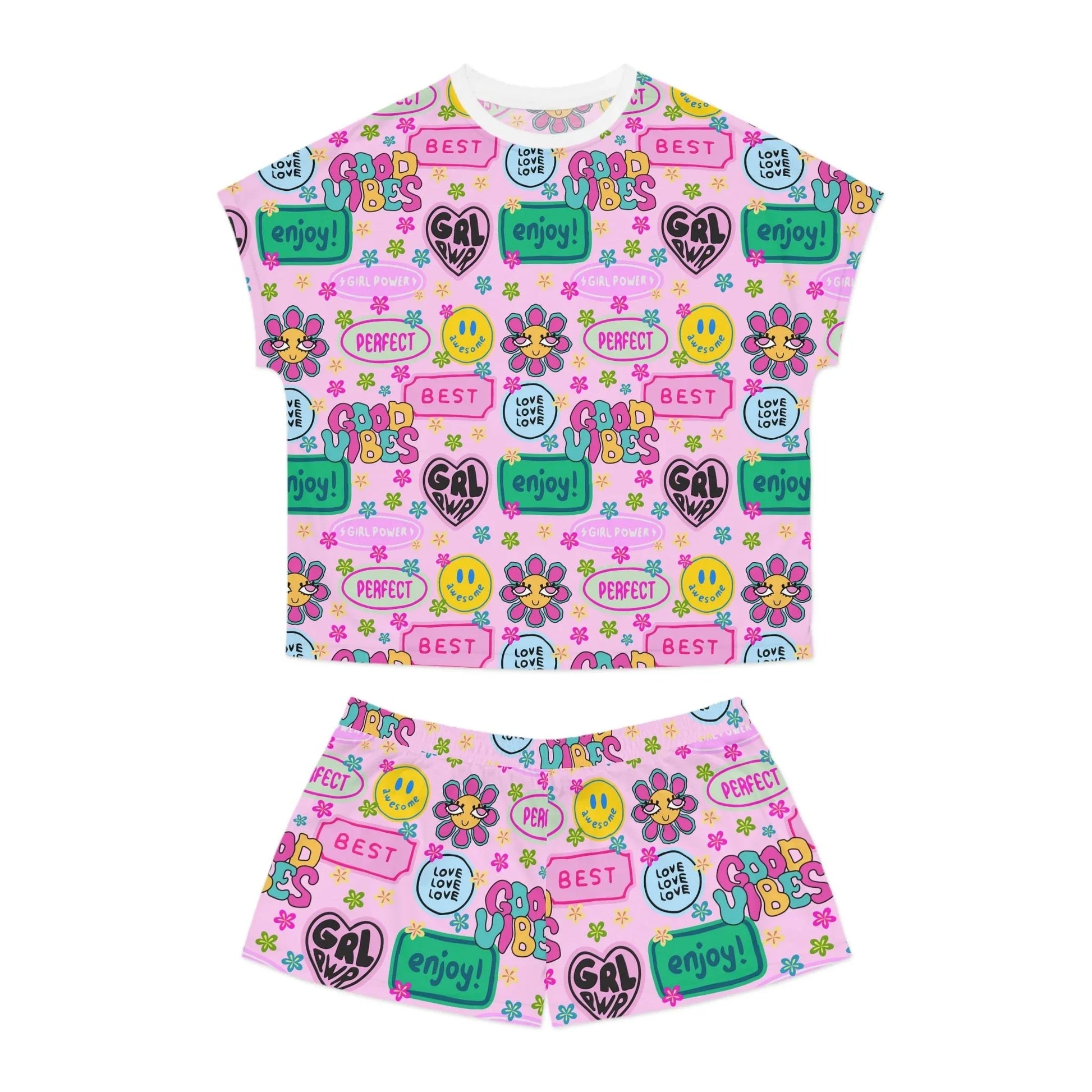 Girl Power Good Vibes Short Pajama Set - S / White - All Over Prints