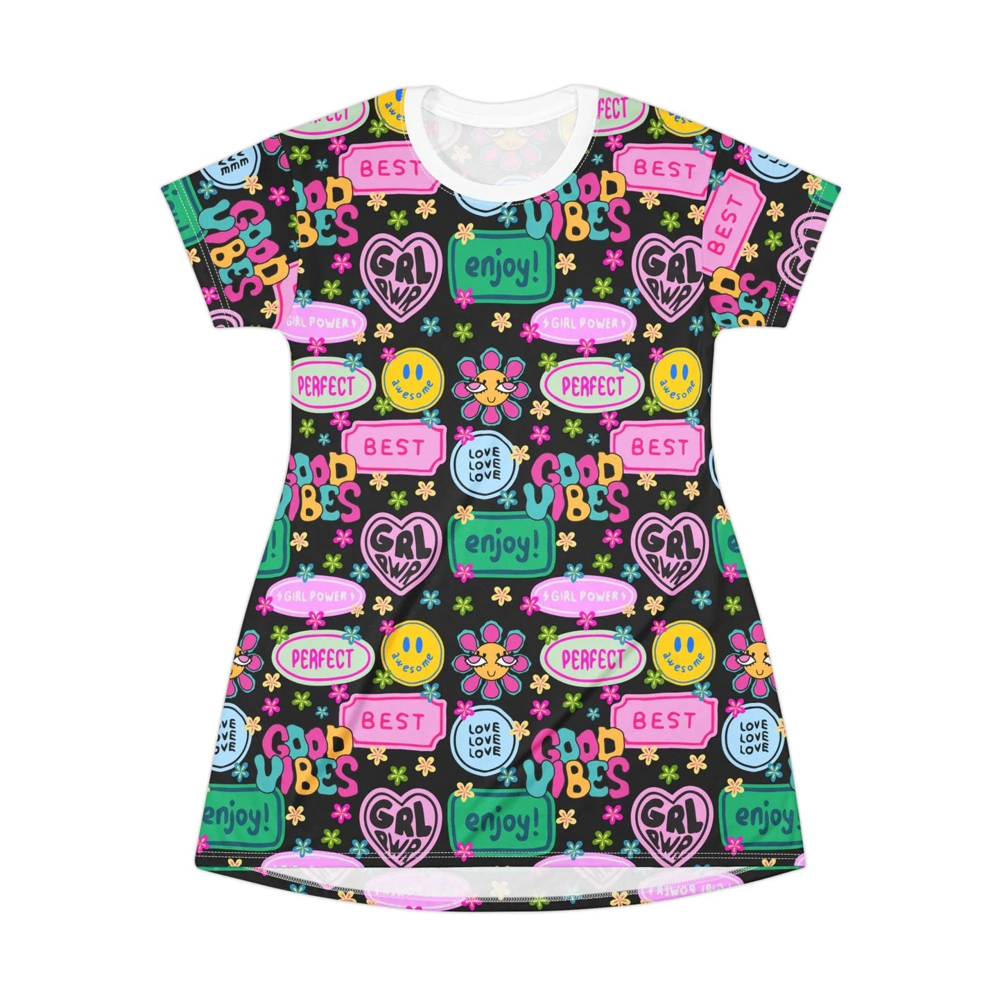 Girl Power Good Vibes T-Shirt Dress - All Over Prints