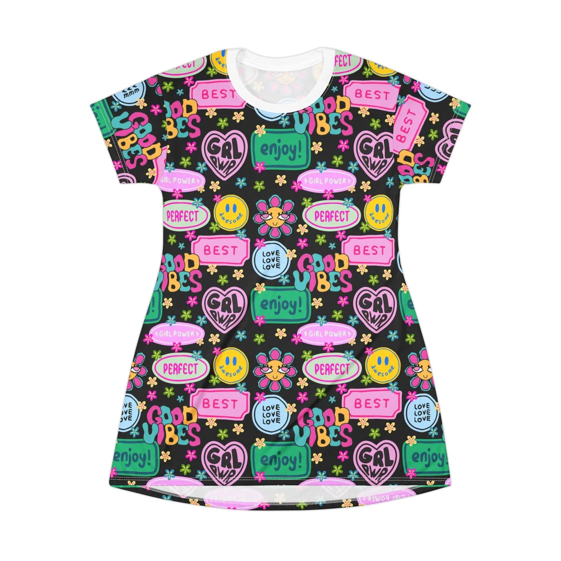 Girl Power Good Vibes T-Shirt Dress - All Over Prints