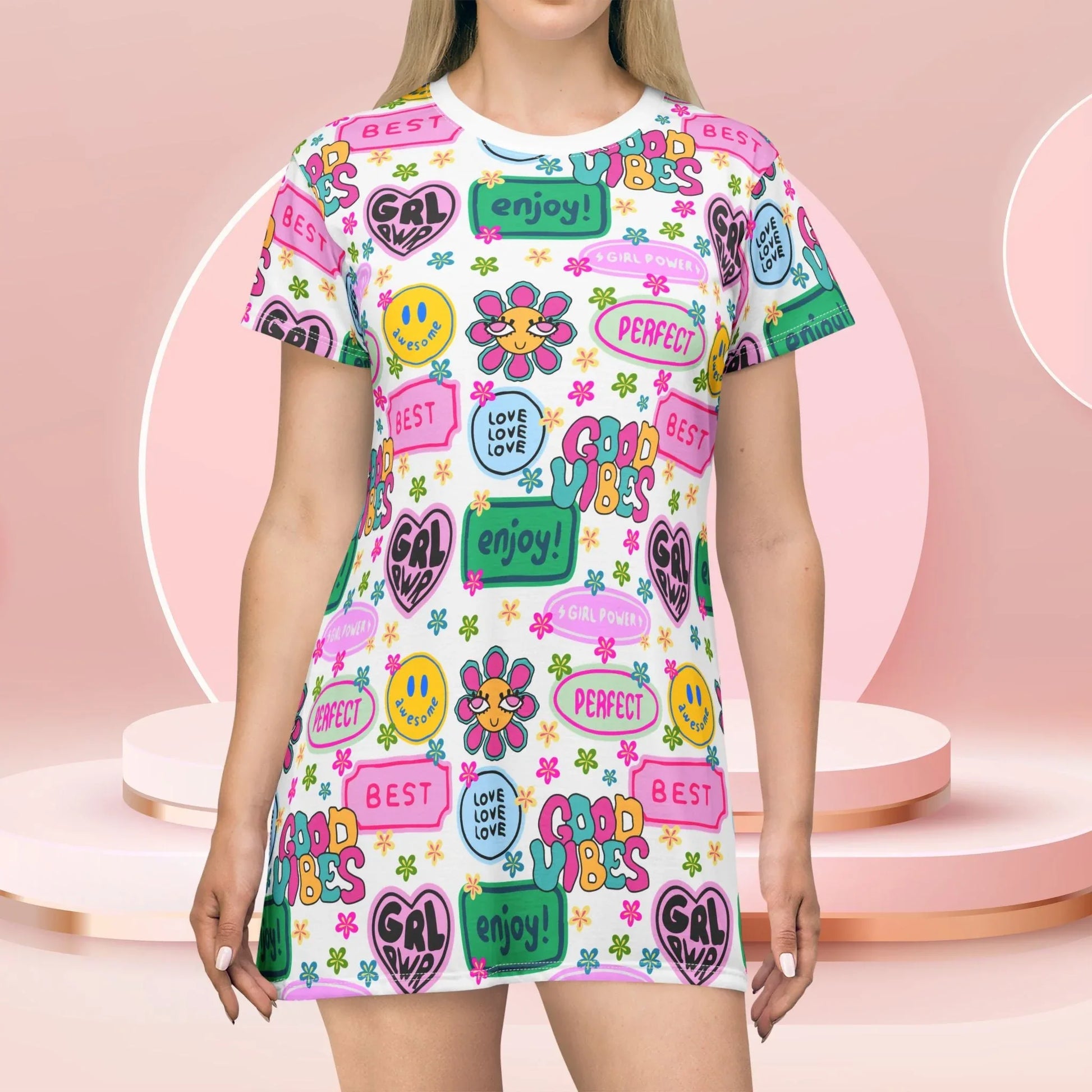 Girl Power Good Vibes T-Shirt Dress - XS - All Over Prints