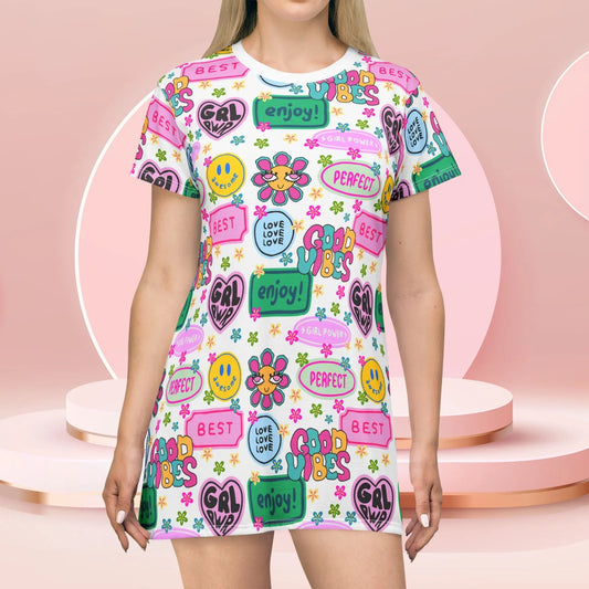 Girl Power Good Vibes T-Shirt Dress - XS - All Over Prints