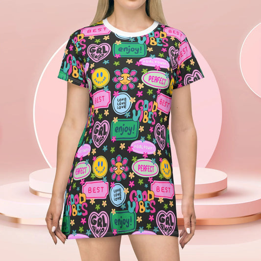 Girl Power Good Vibes T-Shirt Dress - XS - All Over Prints