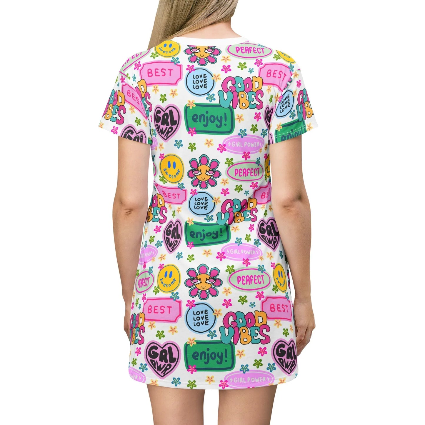 Girl Power Good Vibes T-Shirt Dress - All Over Prints