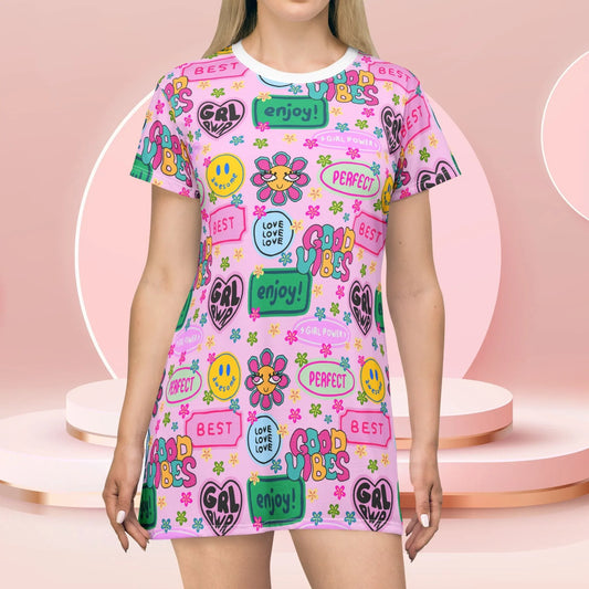 Girl Power Good Vibes T-Shirt Dress - XS - All Over Prints