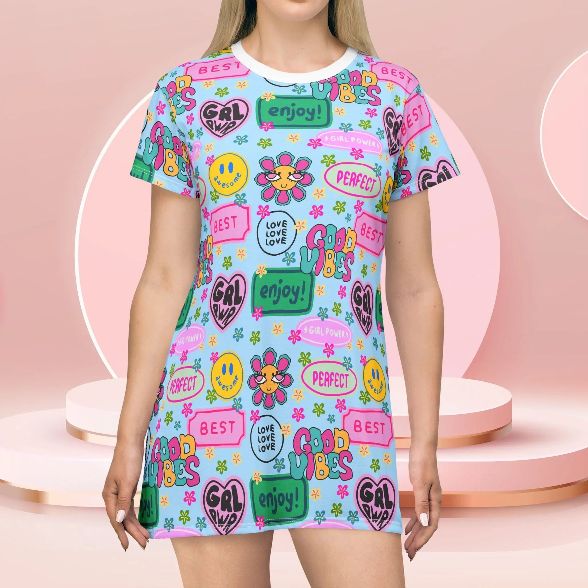 Girl Power Good Vibes T-Shirt Dress - XS - All Over Prints