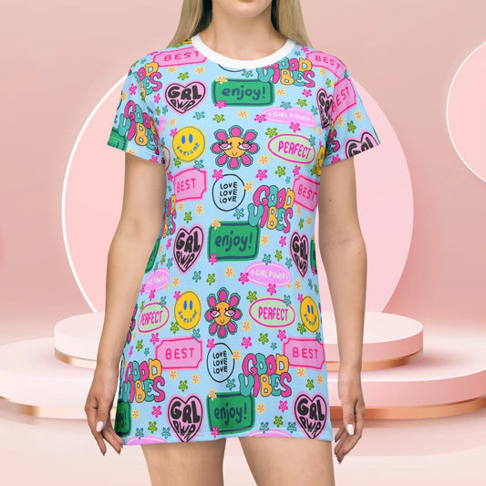 Girl Power Good Vibes T-Shirt Dress - XS - All Over Prints