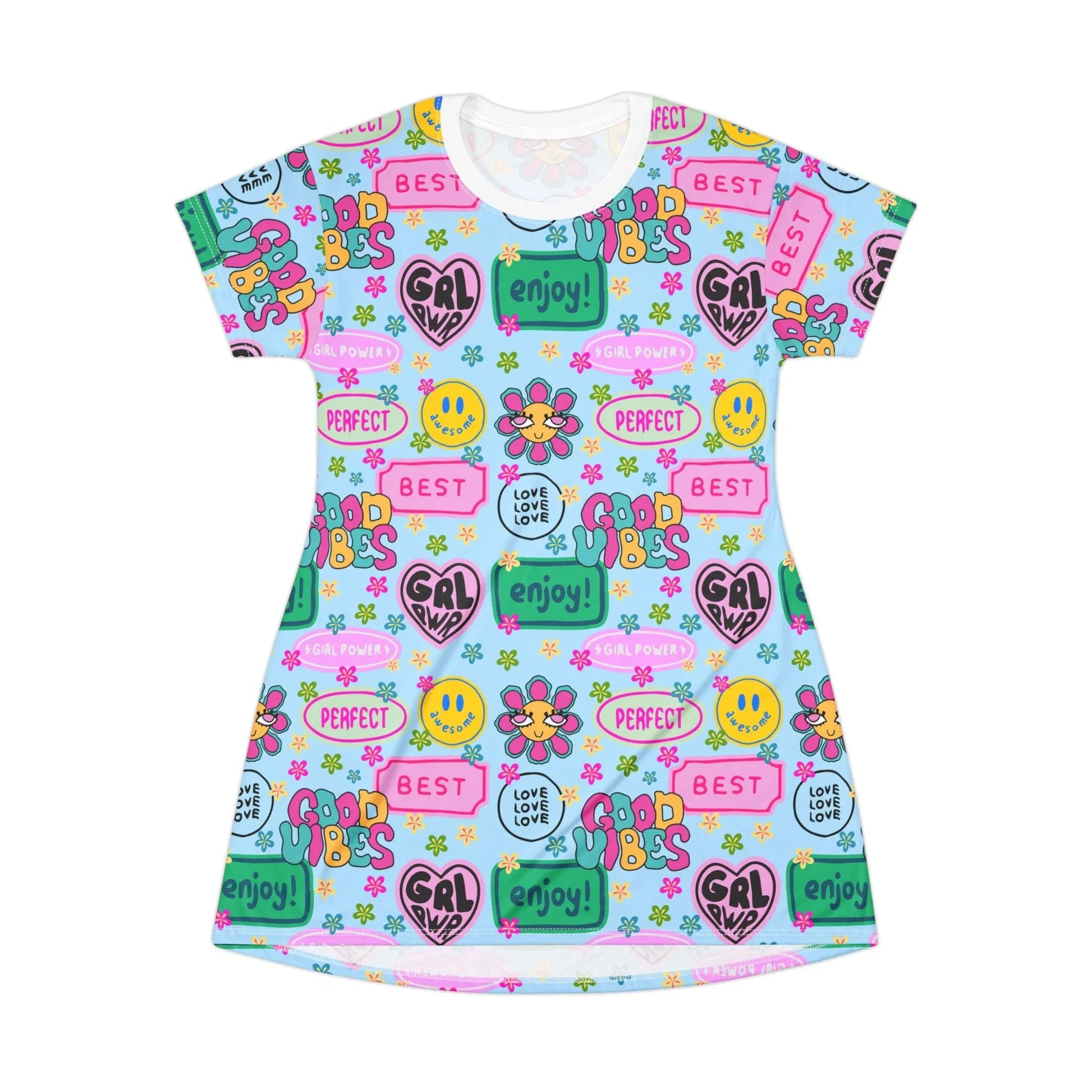 Girl Power Good Vibes T-Shirt Dress - All Over Prints