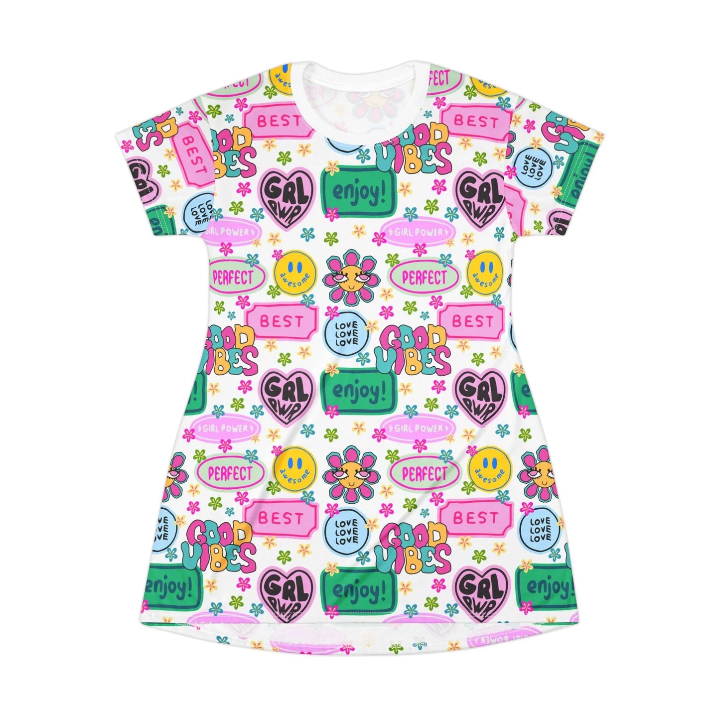 Girl Power Good Vibes T-Shirt Dress - All Over Prints