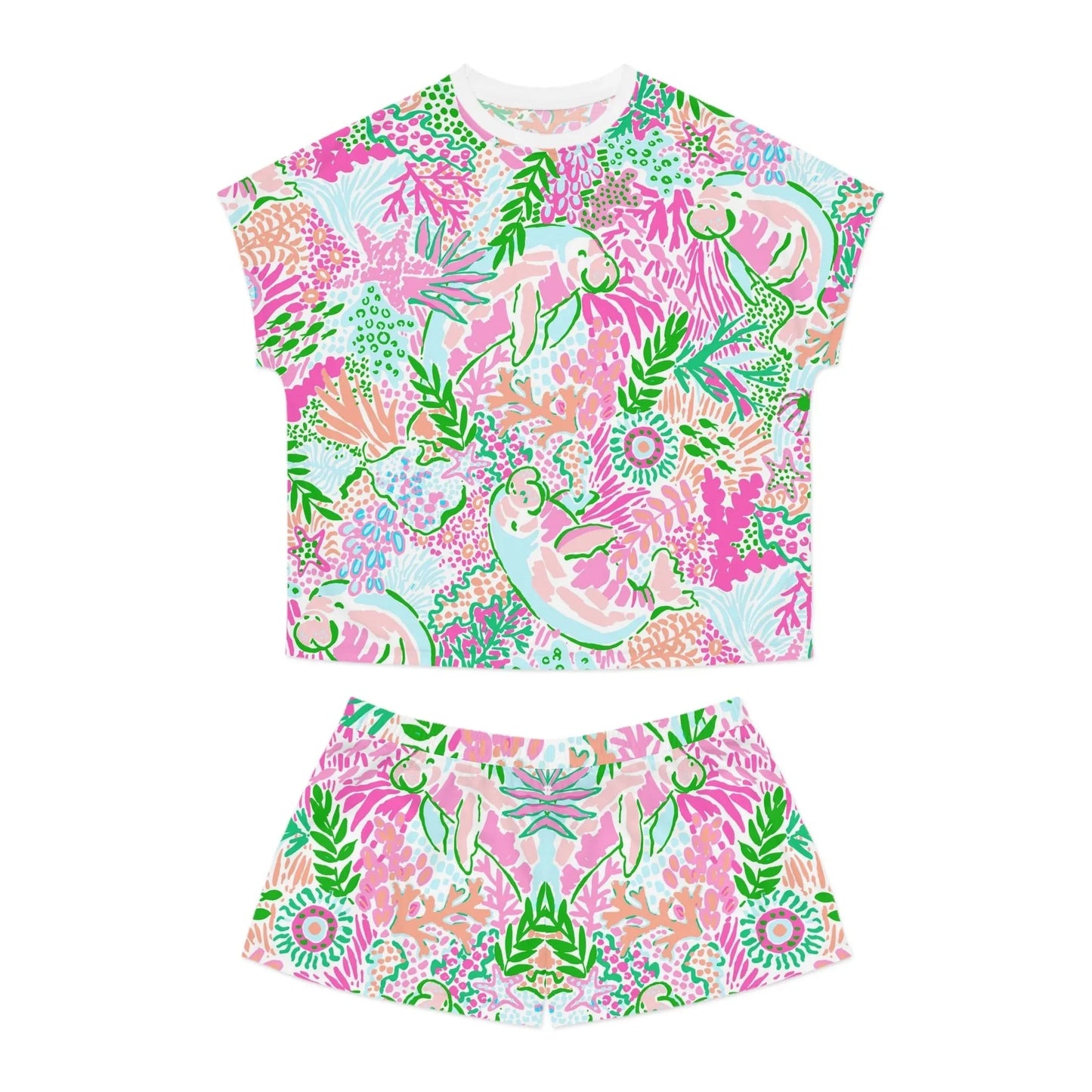 Manatee Paradise Women’s Short Pajama Set - S / White - All Over Prints
