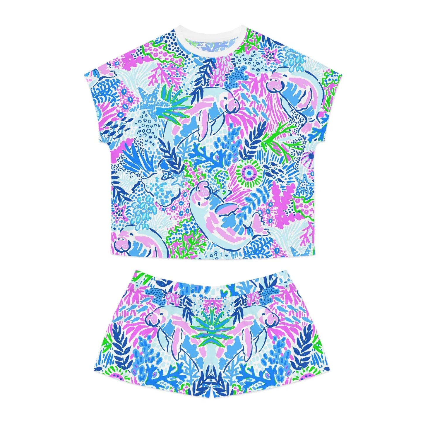 Manatee Paradise Women’s Short Pajama Set - S / White - All Over Prints