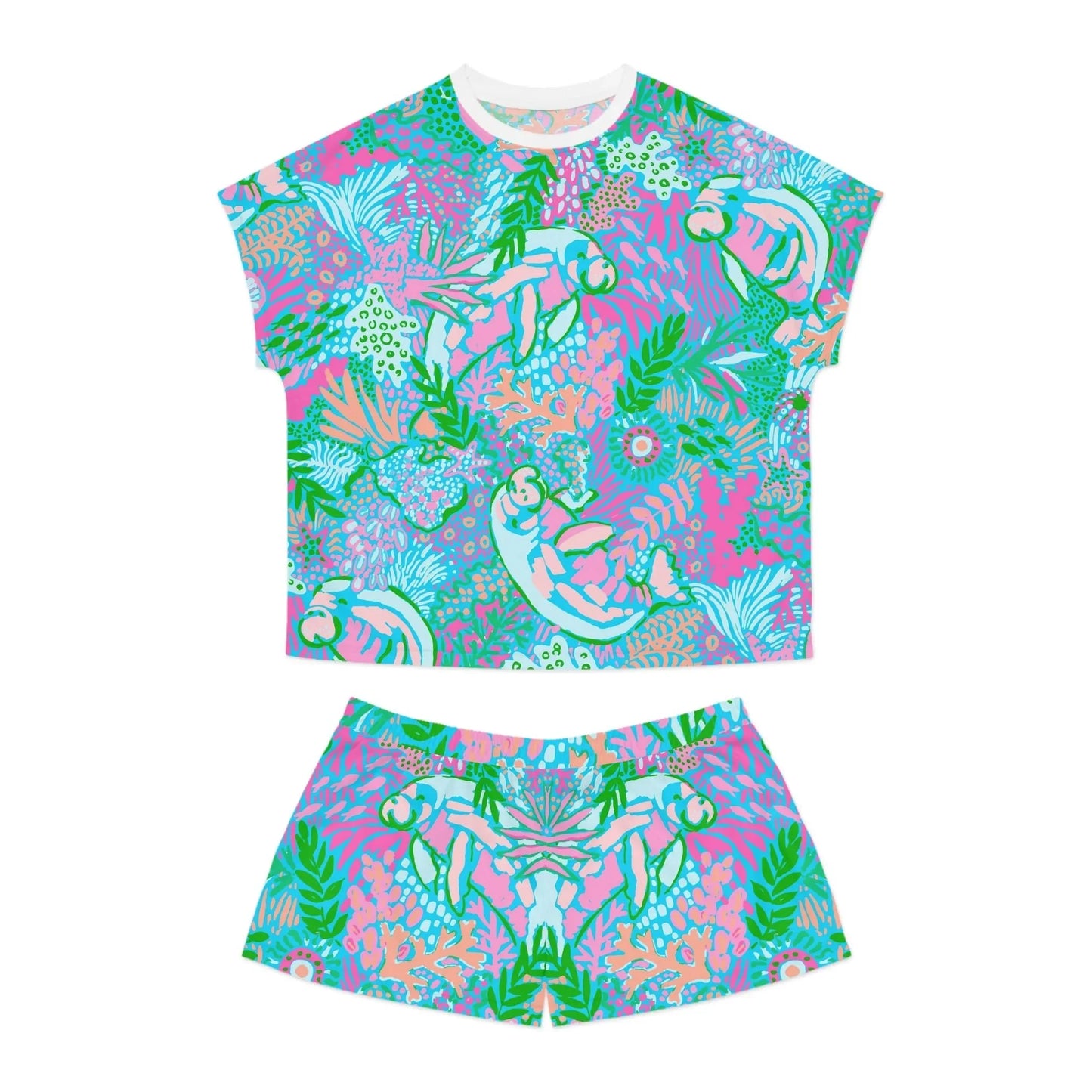 Manatee Paradise Women’s Short Pajama Set - S / White - All Over Prints
