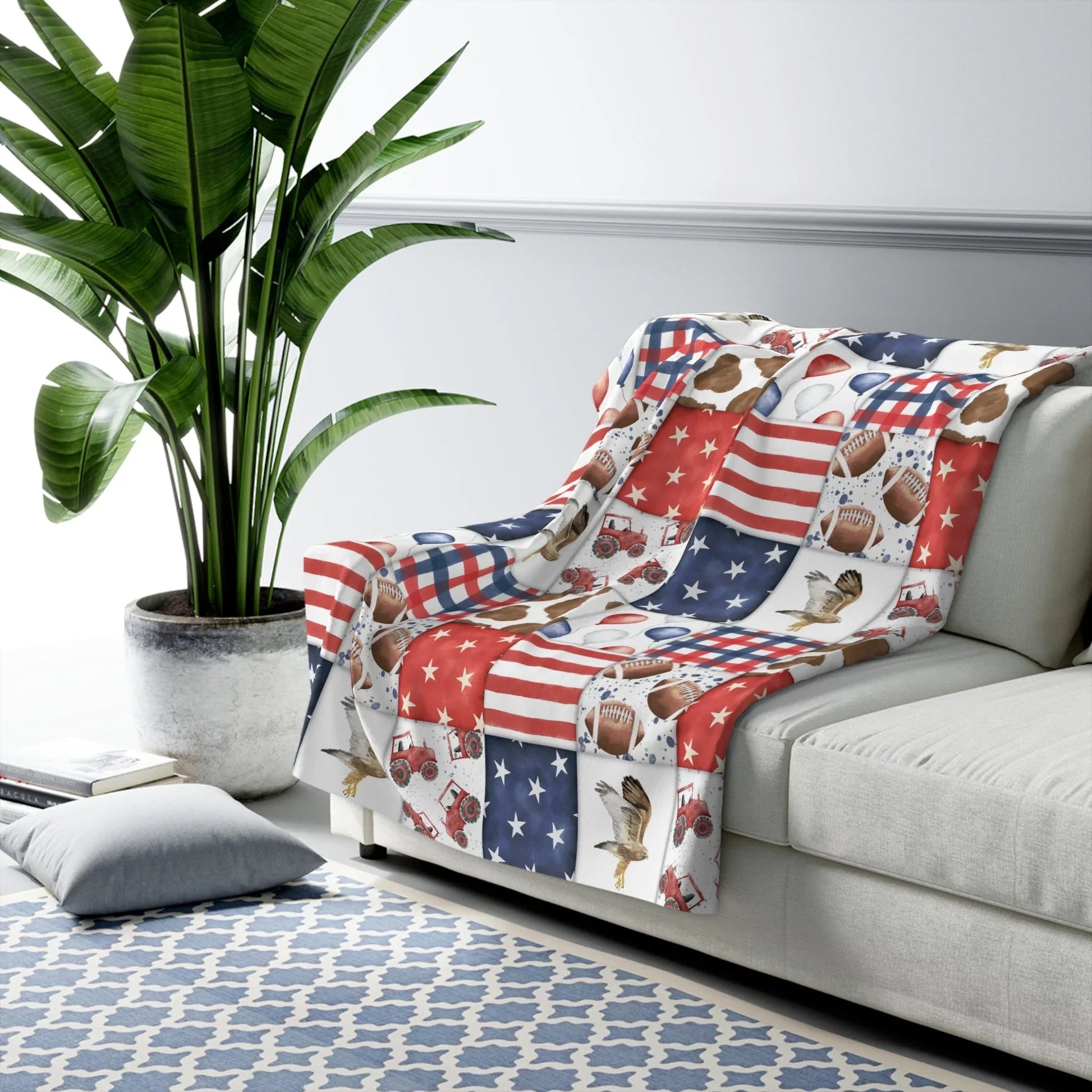Patriot Patchwork Sherpa Fleece Blanket - 50’’ × 60’’ - Home Decor