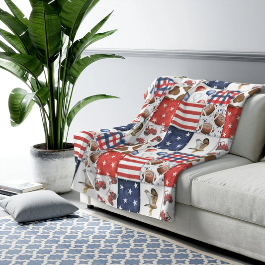 Patriot Patchwork Sherpa Fleece Blanket - 50’’ × 60’’ - Home Decor