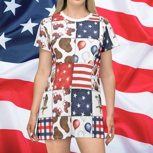 Patriot Patchwork T-Shirt Dress - All Over Prints