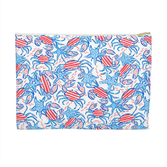 Patriotic Crab & Seashell Accessory Pouch - Large / White zipper - Bags