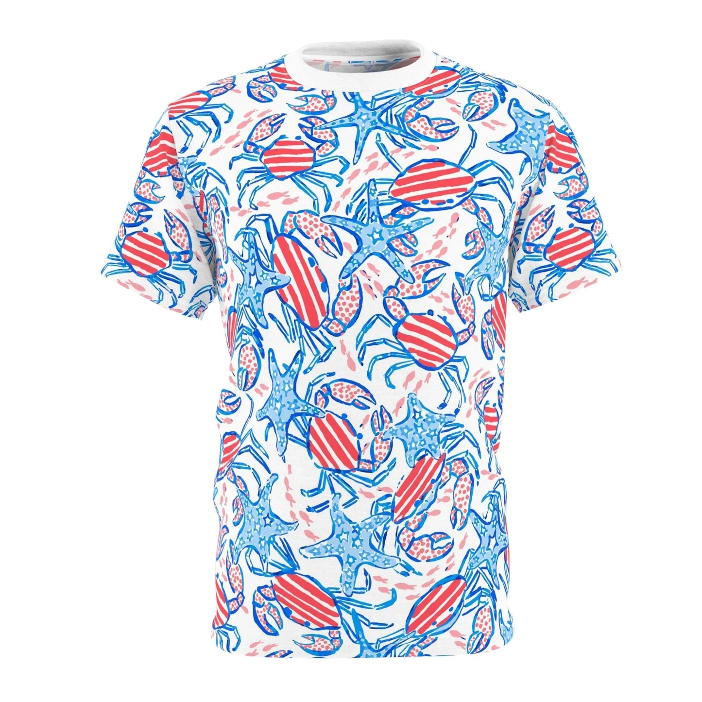 Patriotic Crab & Seashell All-Over-Print T-Shirt - White stitching / 4 oz. / S - All Over Prints