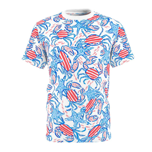 Patriotic Crab & Seashell All-Over-Print T-Shirt - White stitching / 4 oz. / S - All Over Prints