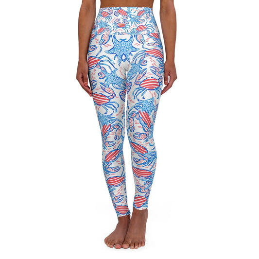 Patriotic Crab & Seashell High Waisted Yoga Leggings - XS - All Over Prints