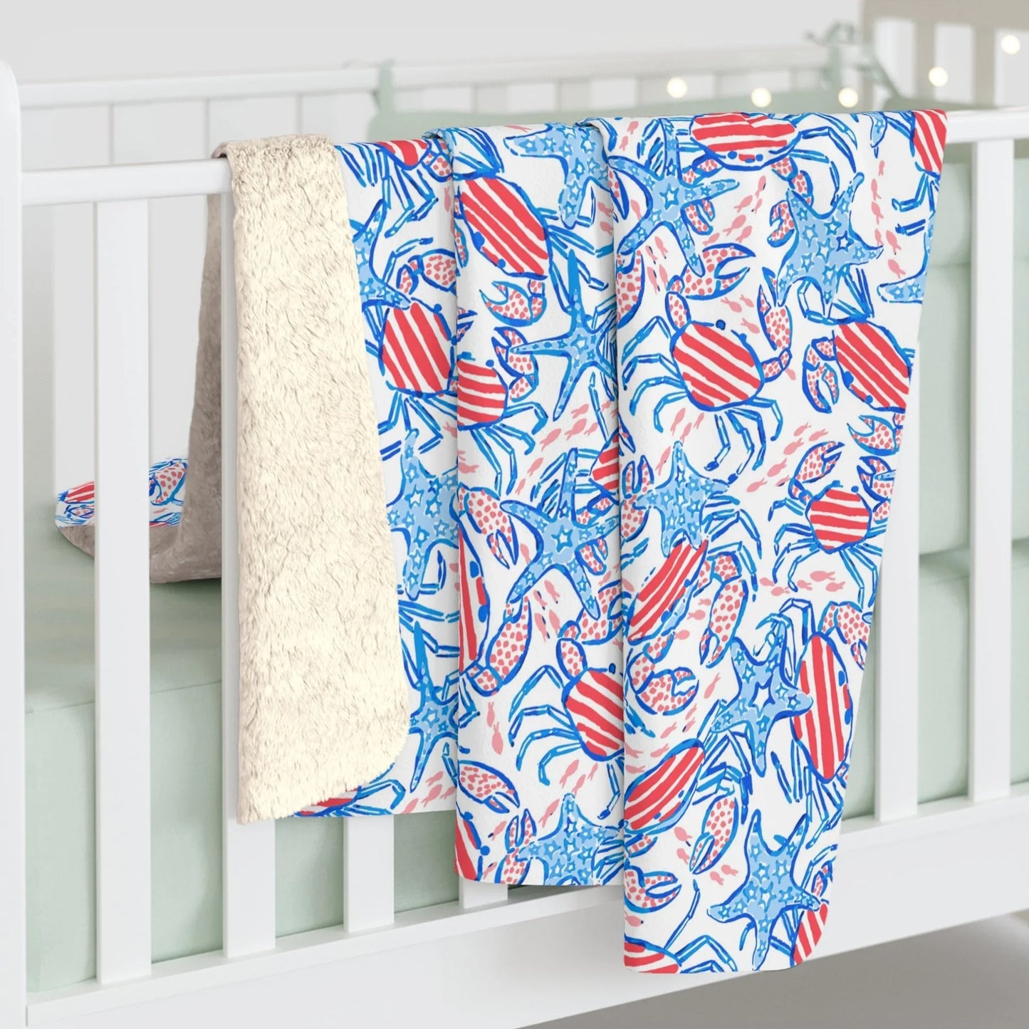 Patriotic Crab & Seashell Sherpa Fleece Blanket - 50’’ × 60’’ - Home Decor