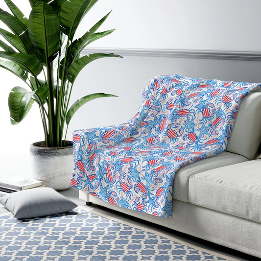 Patriotic Crab & Seashell Sherpa Fleece Blanket - 50’’ × 60’’ - Home Decor