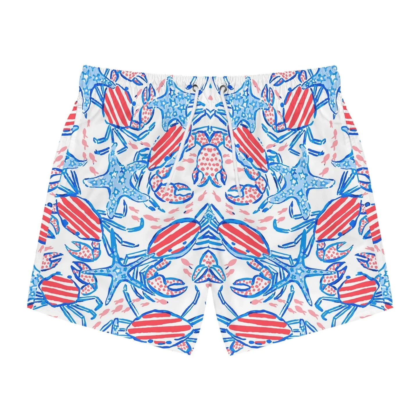 Patriotic Crab & Seashell Swim Trunks - L / Seam thread color automatically matched to design - All Over Prints