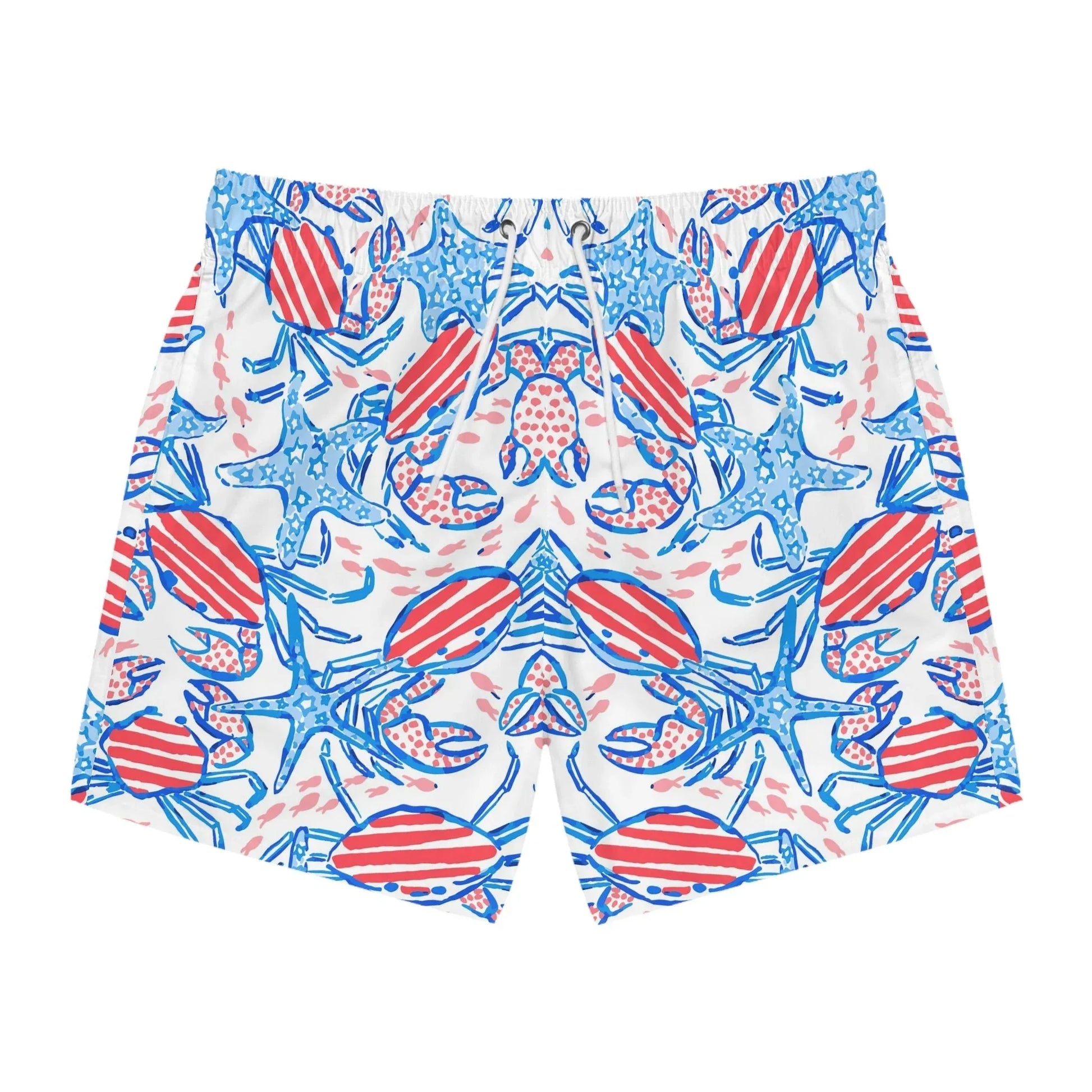 Patriotic Crab & Seashell Swim Trunks - L / Seam thread color automatically matched to design - All Over Prints