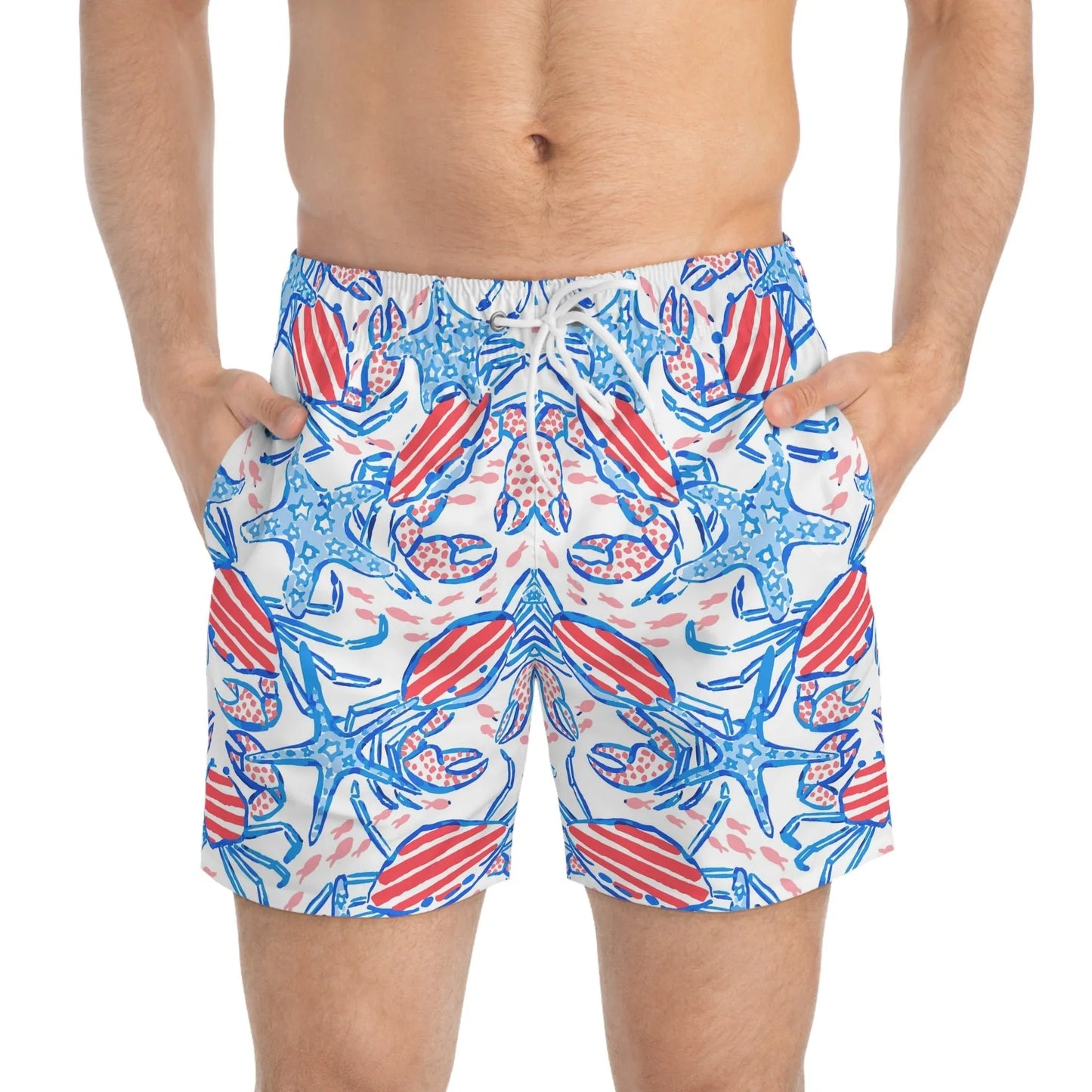 Patriotic Crab & Seashell Swim Trunks - All Over Prints