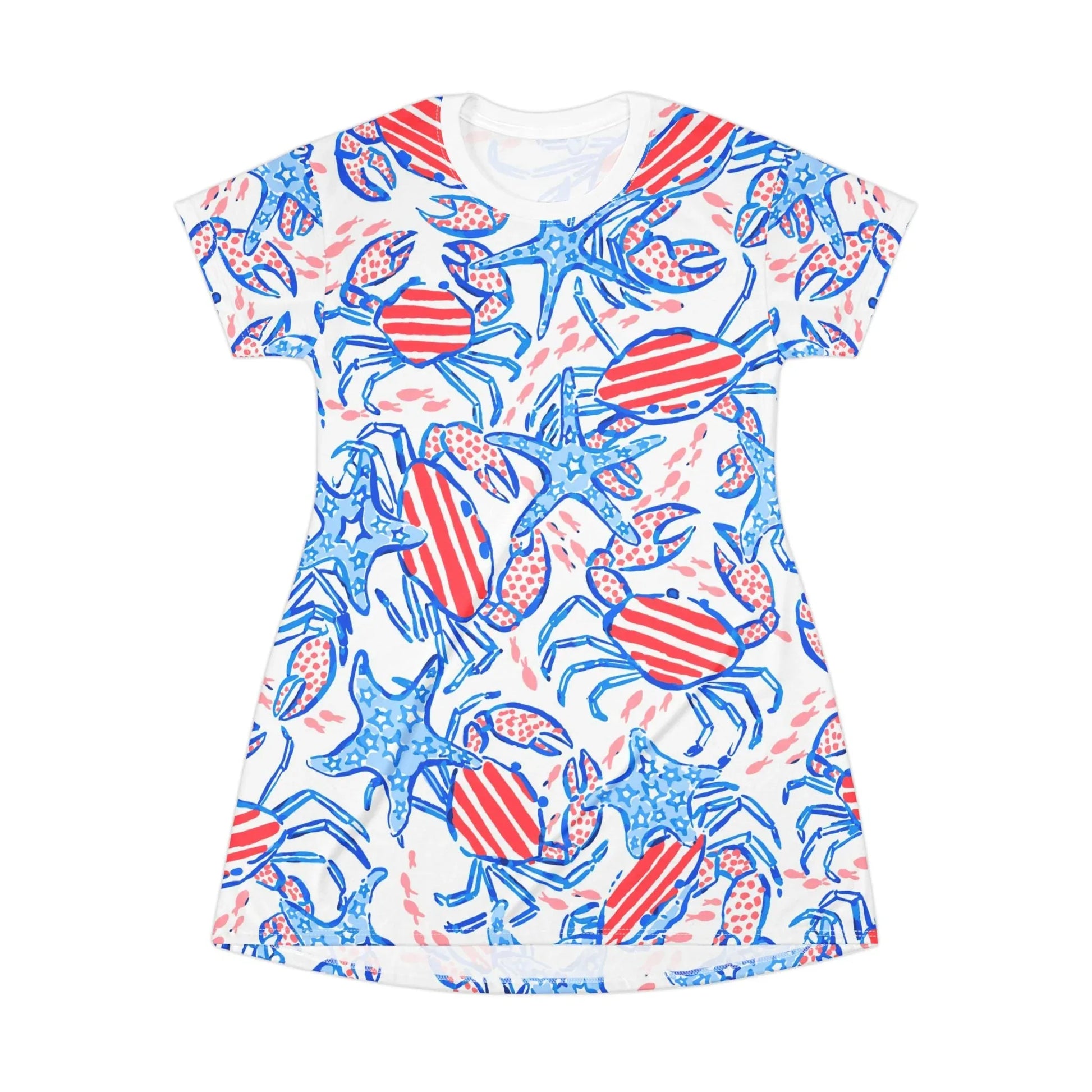 Patriotic Crab & Seashell T-Shirt Dress - XS - All Over Prints