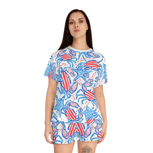 Patriotic Crab & Seashell Women’s Short Pajama Set - All Over Prints