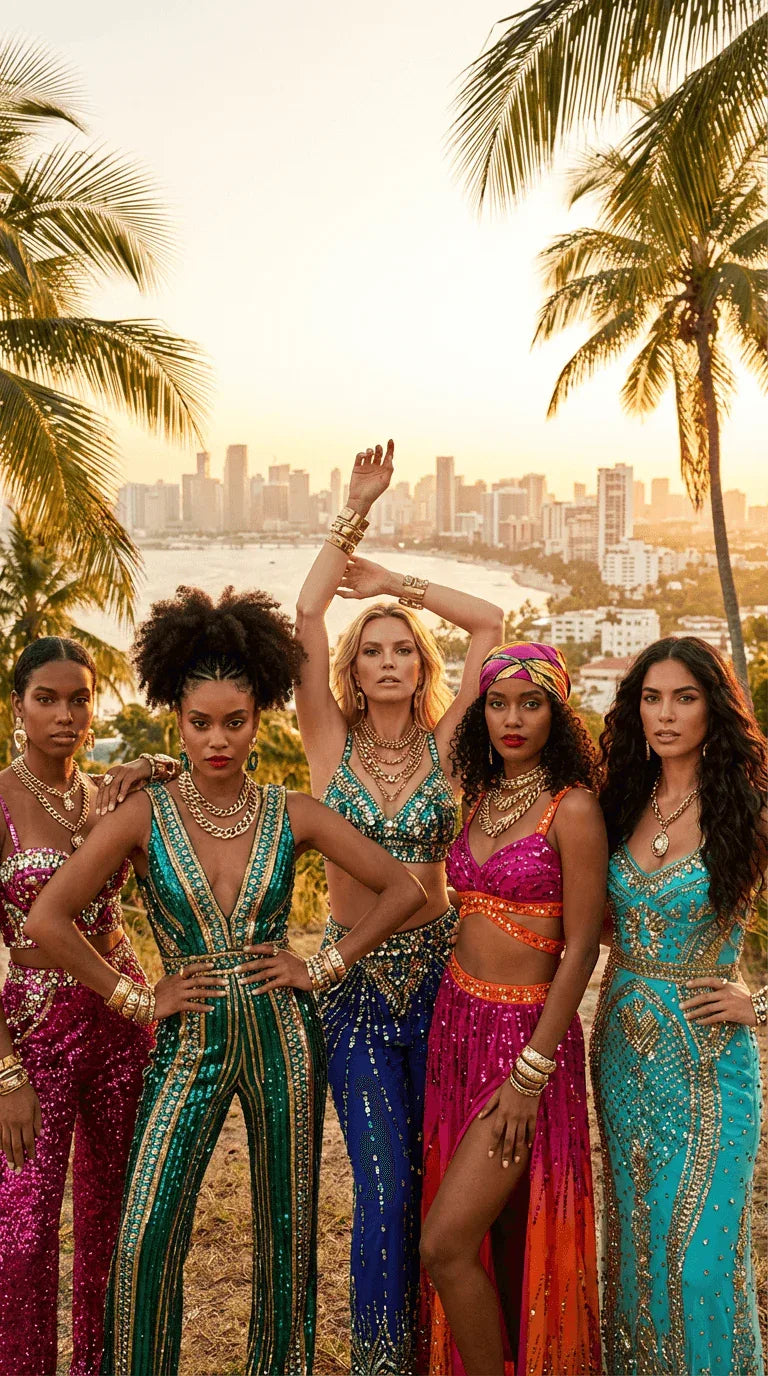 Five diverse women at sunset with the Miami skyline 