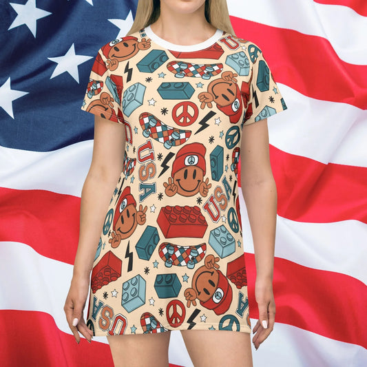 Smiles & Stripes T-Shirt Dress - All Over Prints