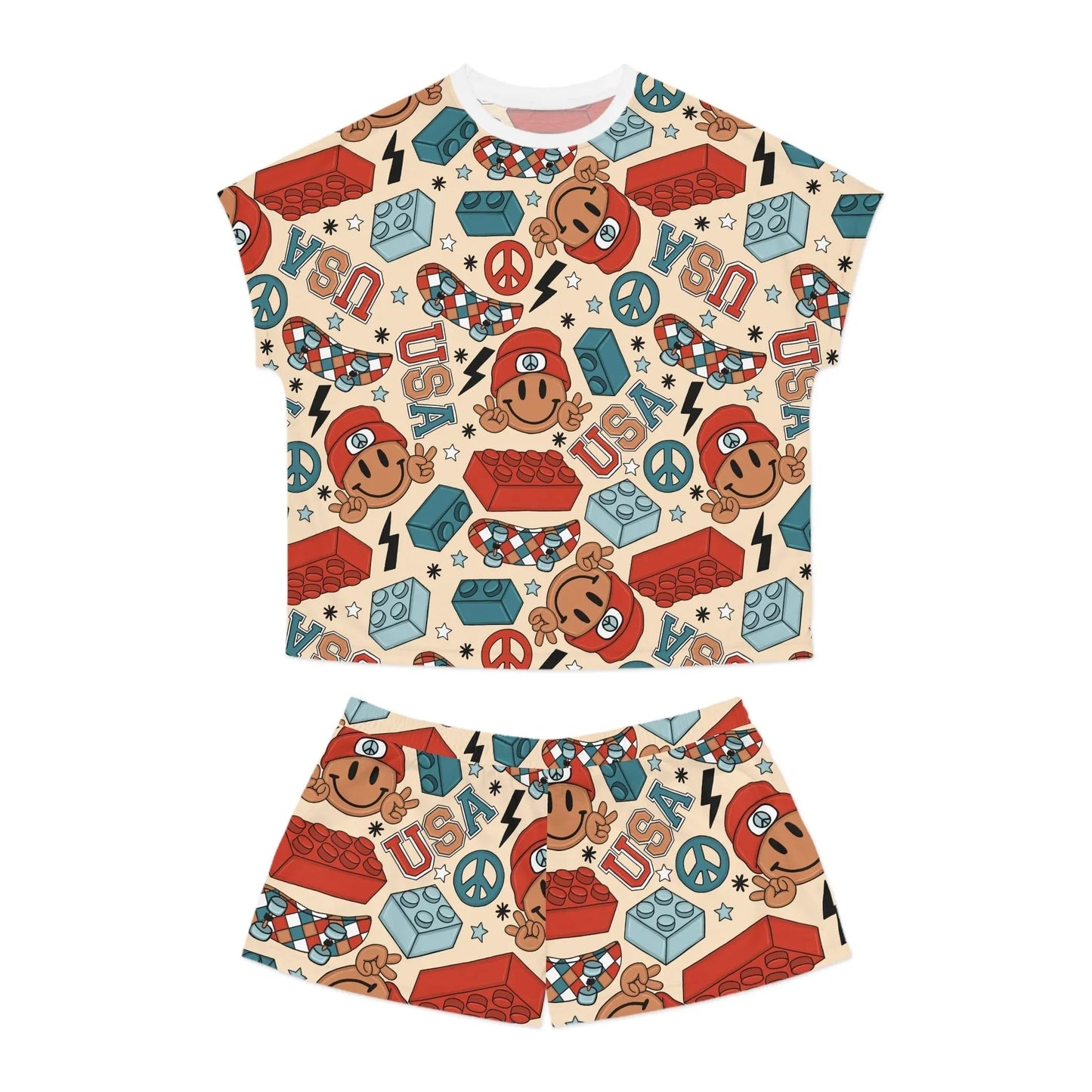 Smiles & Stripes Women’s Short Pajama Set - S / White - All Over Prints