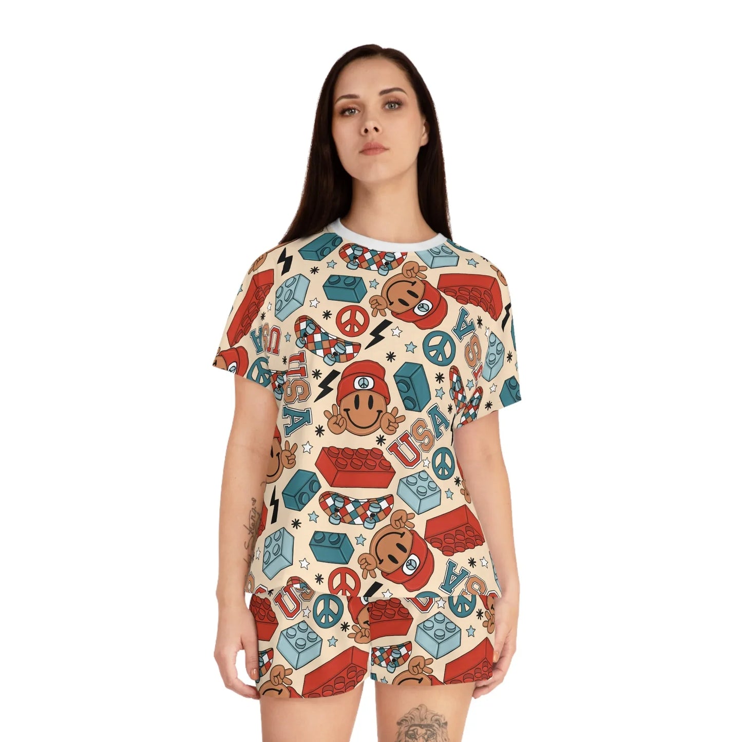 Smiles & Stripes Women’s Short Pajama Set - All Over Prints